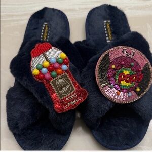 Laines Navy Fuzzy Slide Sandals with Sequin Gumball embellishments &&&
